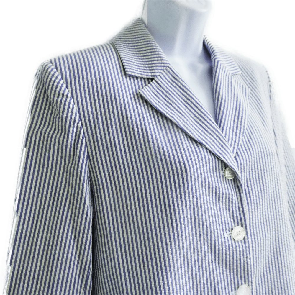 Vintage Brooks Brother Seersucker Blue Ivory Stripe Cotton Blazer Lined USA 8 - Picture 4 of 9